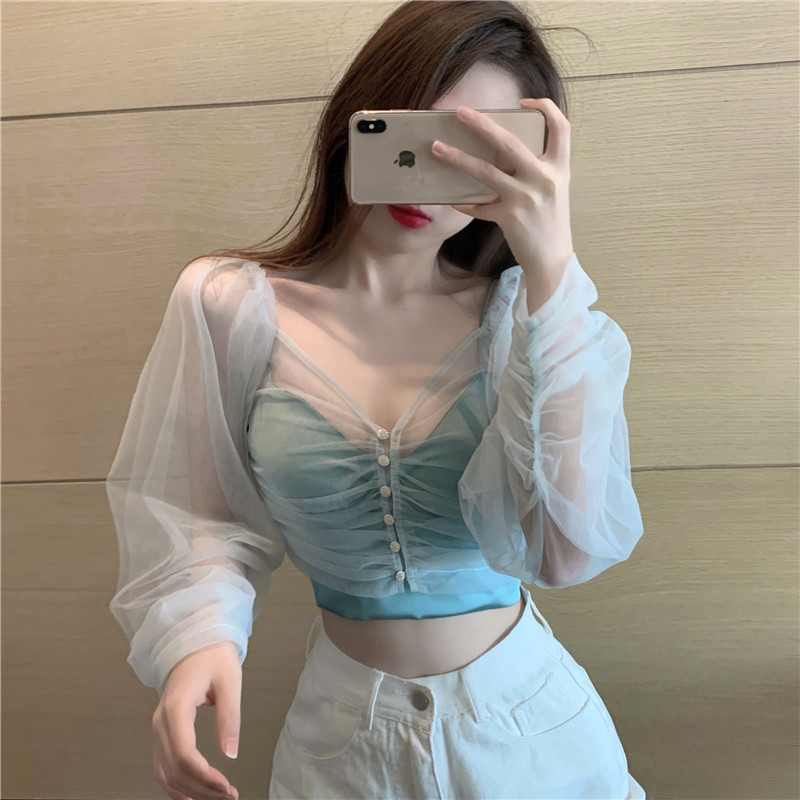 Áo Croptop 2 dây mút ngực kèm áo ren mỏng