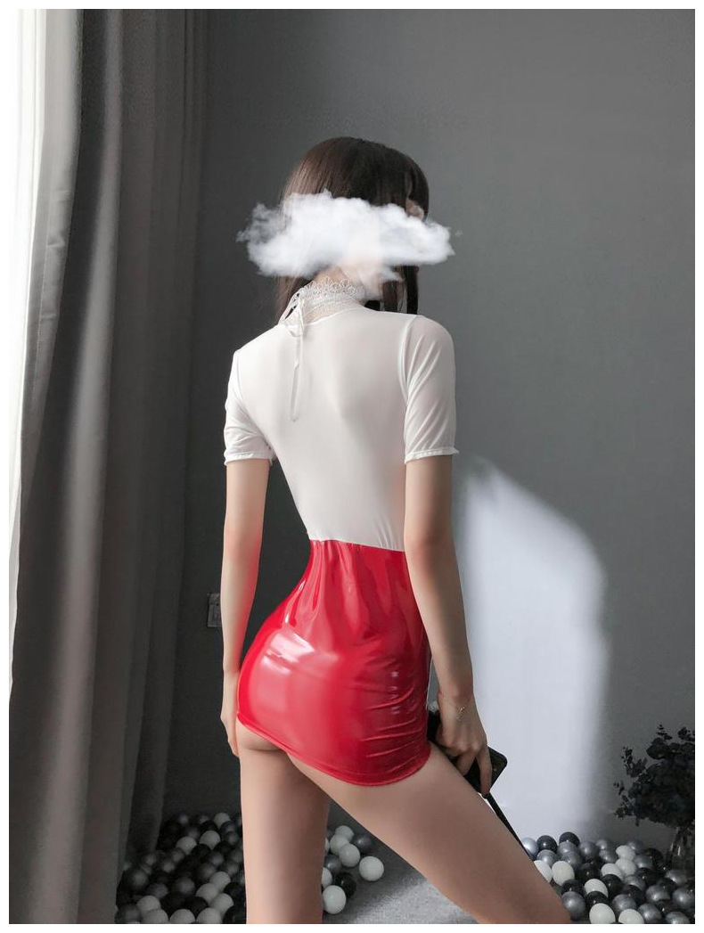 Cosplay thư ký áo cộc tay chân váy da bóng
