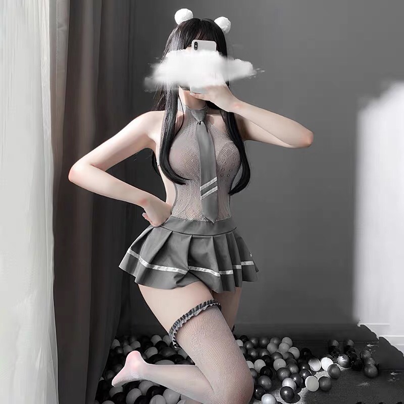 Váy ngủ Cosplay bó sát học sinh xám cà vạt