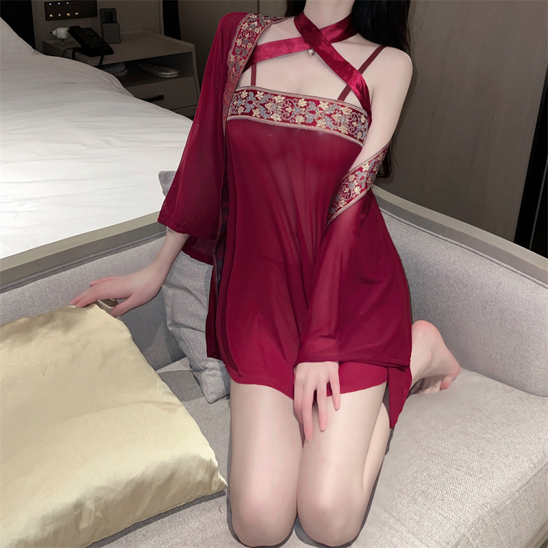 Set ngủ Trung Hoa áo yếm áo choàng xuyên thấu