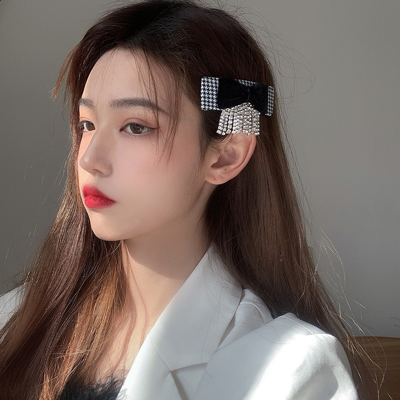 Cài tóc nơ nhung đính đá caro