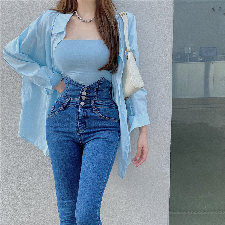 Quần bò nữ khuy cạp cao