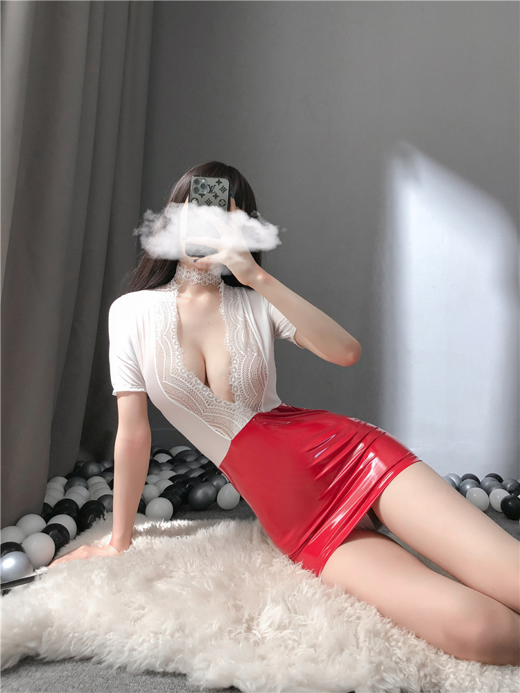 Cosplay thư ký áo cộc tay chân váy da bóng