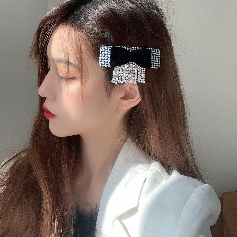 Cài tóc nơ nhung đính đá caro