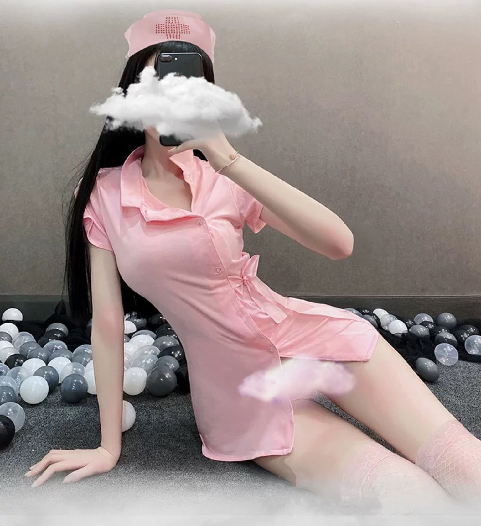 Cosplay y tá hồng cộc tay có mũ đồ hóa trang bar sàn