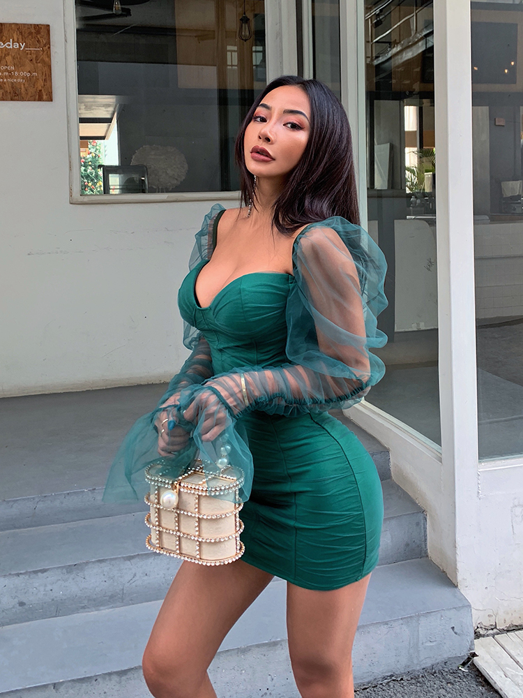 Váy body dài tay ren cúp ngực xanh lá