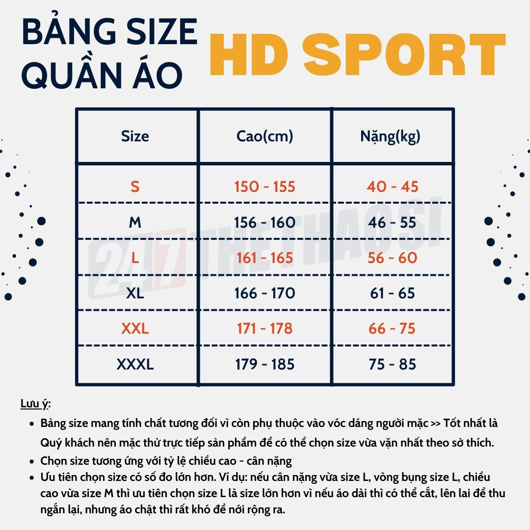 Bảng size áo HD Hoàng Dũng Sport