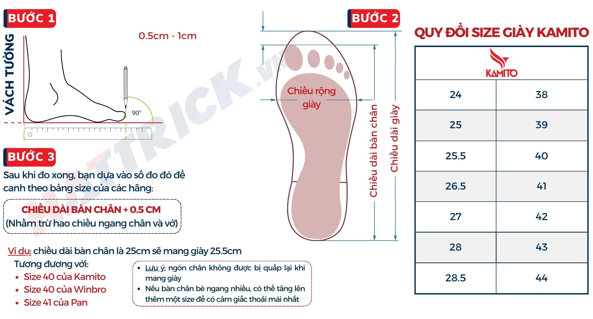 bảng size giày kamito bóng đá