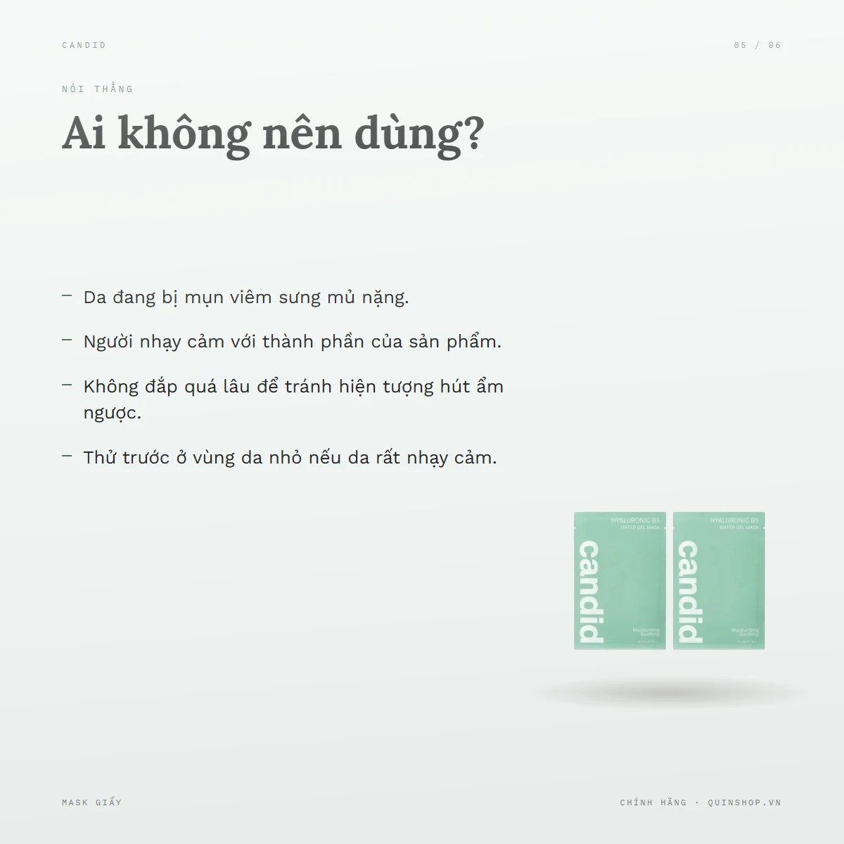 Combo 2 Mask Candid Water Gel Mask - Hyaluronic B5 (Xanh) — Ai không nên dùng?