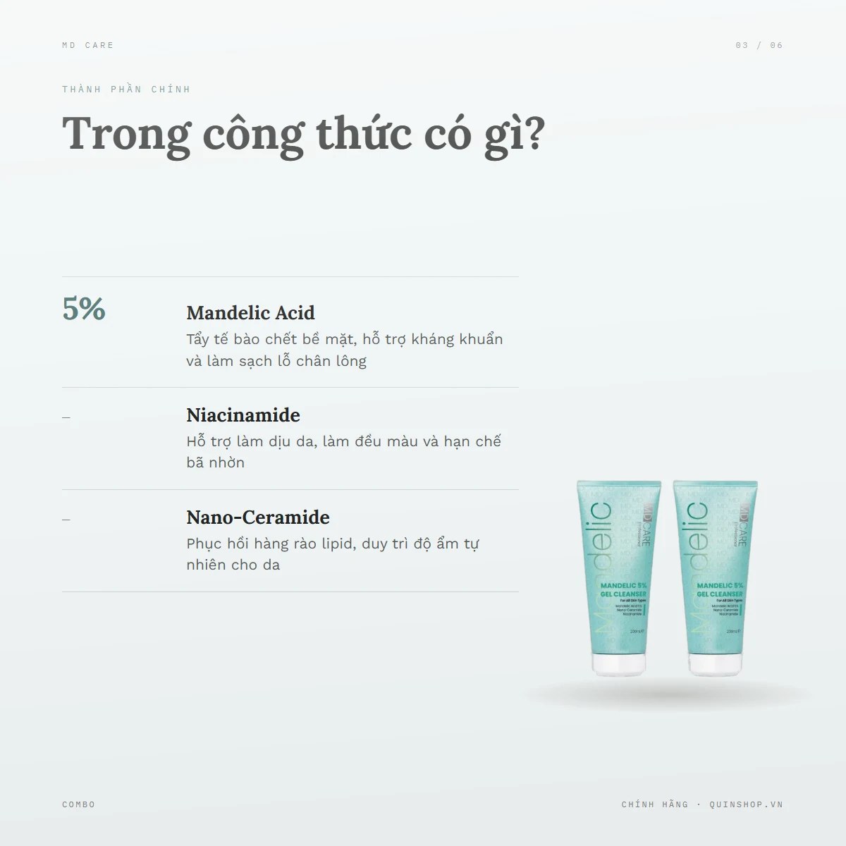 Combo 2 Tuýp Sữa Rửa Mặt MD CARE Mandelic 5% Gel Cleanser — Bảng thành phần có gì đáng chú ý?