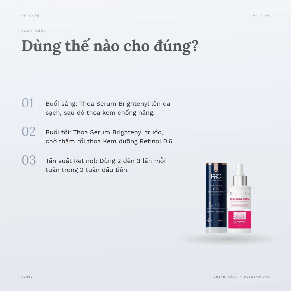 Combo Kem Dưỡng MD Care Retinol 0.6 + Tinh Chất MD Care Brightenyl Serum — Dùng vào buổi nào và bao lâu một lần?