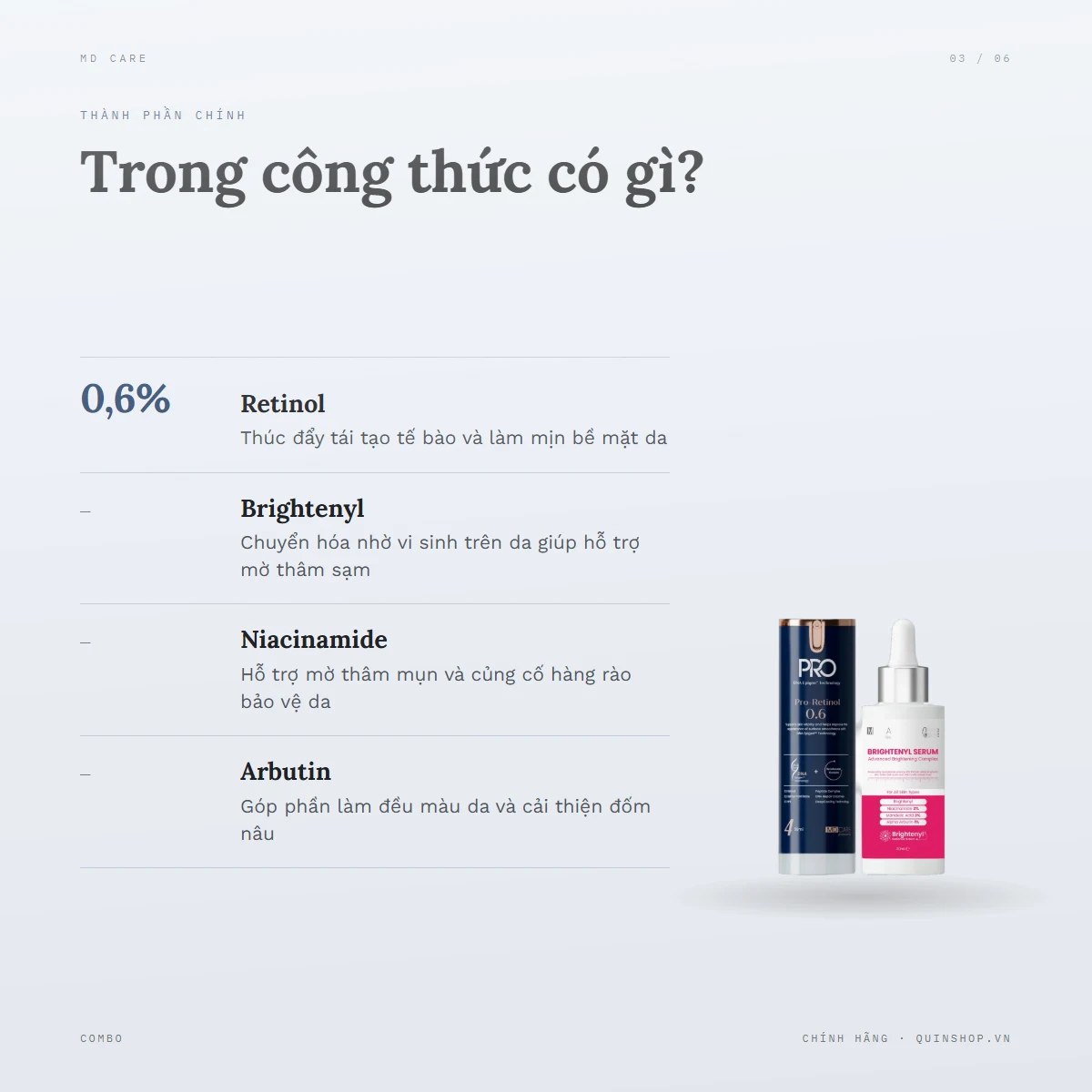 Combo Kem Dưỡng MD Care Retinol 0.6 + Tinh Chất MD Care Brightenyl Serum — Bảng thành phần có gì đáng chú ý?