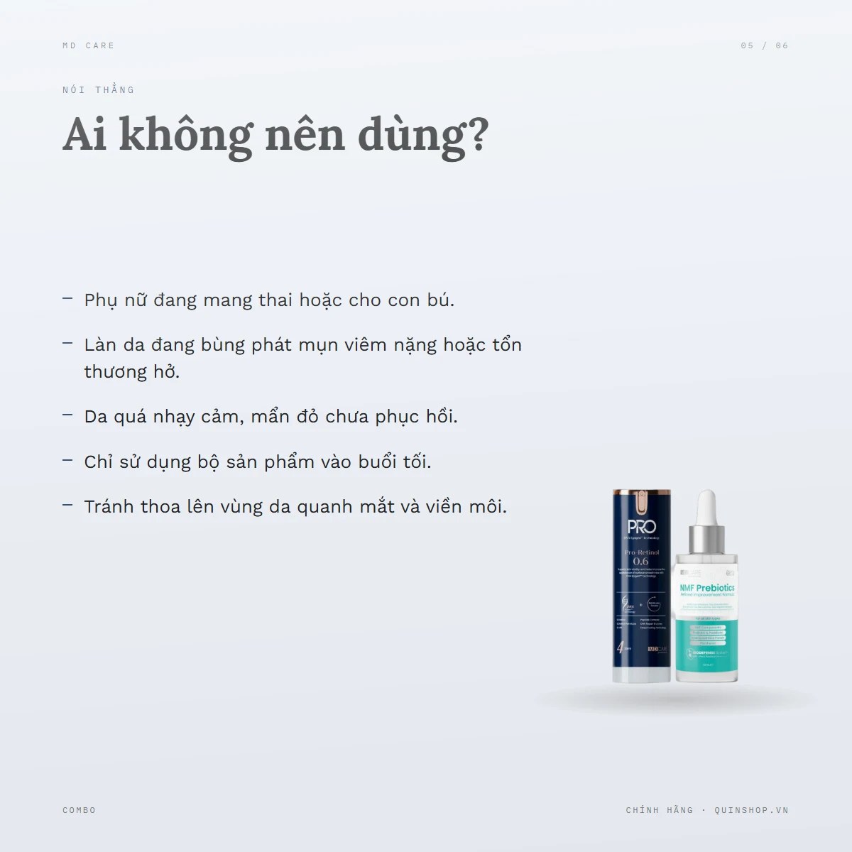 Combo Kem Dưỡng MD Care Retinol 0.6 + Tinh Chất MD Care NMF Prebiotics Serum — Ai không nên dùng combo này?