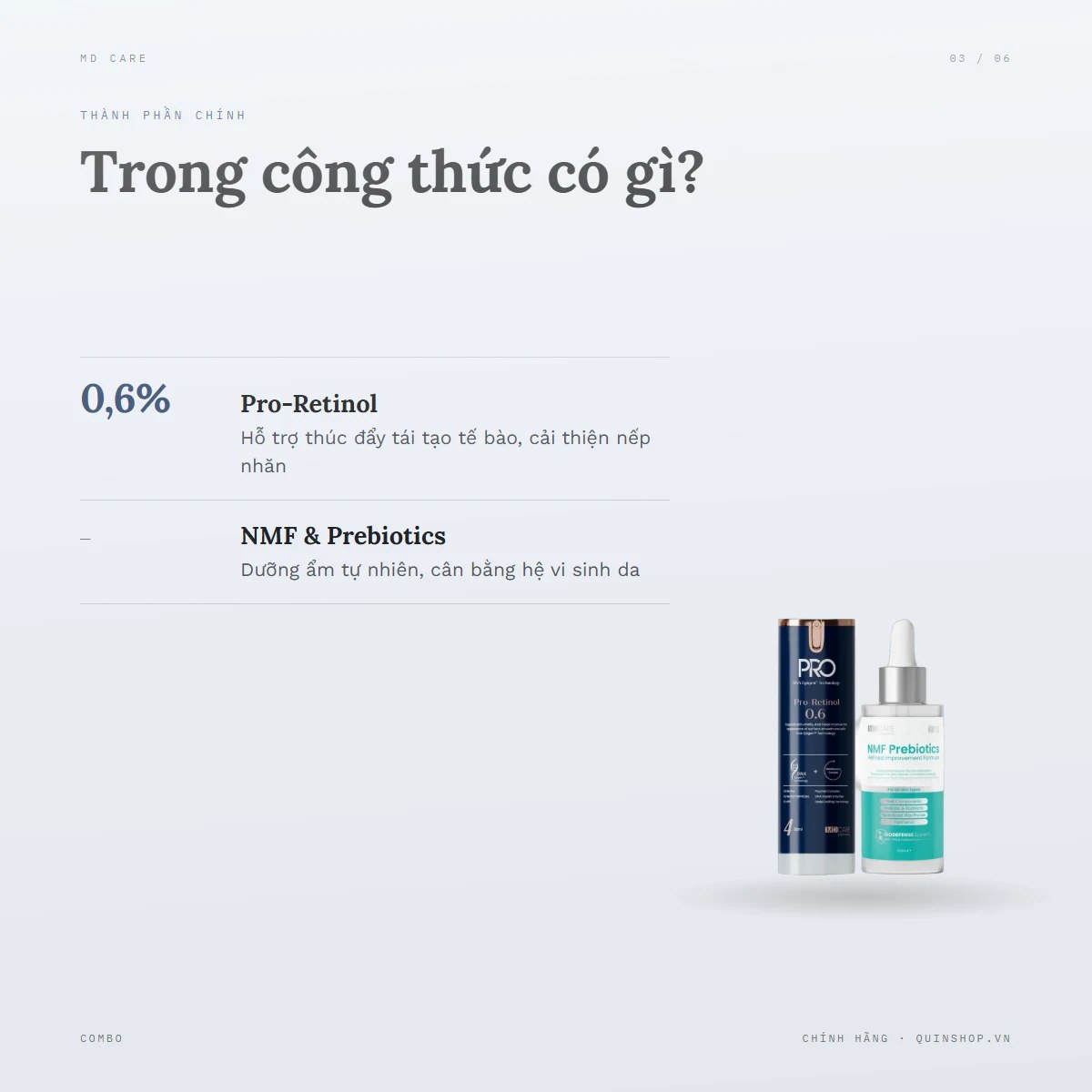Combo Kem Dưỡng MD Care Retinol 0.6 + Tinh Chất MD Care NMF Prebiotics Serum — Thành phần chính có tác dụng gì?