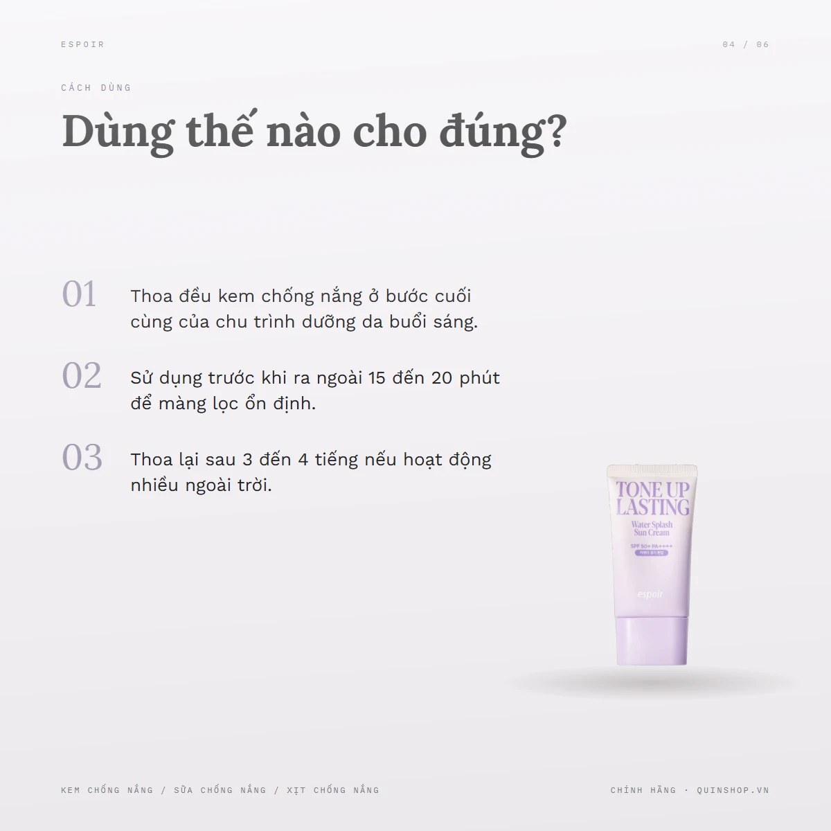 Kem Chống Nắng Espoir Water Splash Sun Cream Tone Up Lasting SPF50+ — Dùng vào buổi nào và bao lâu một lần?