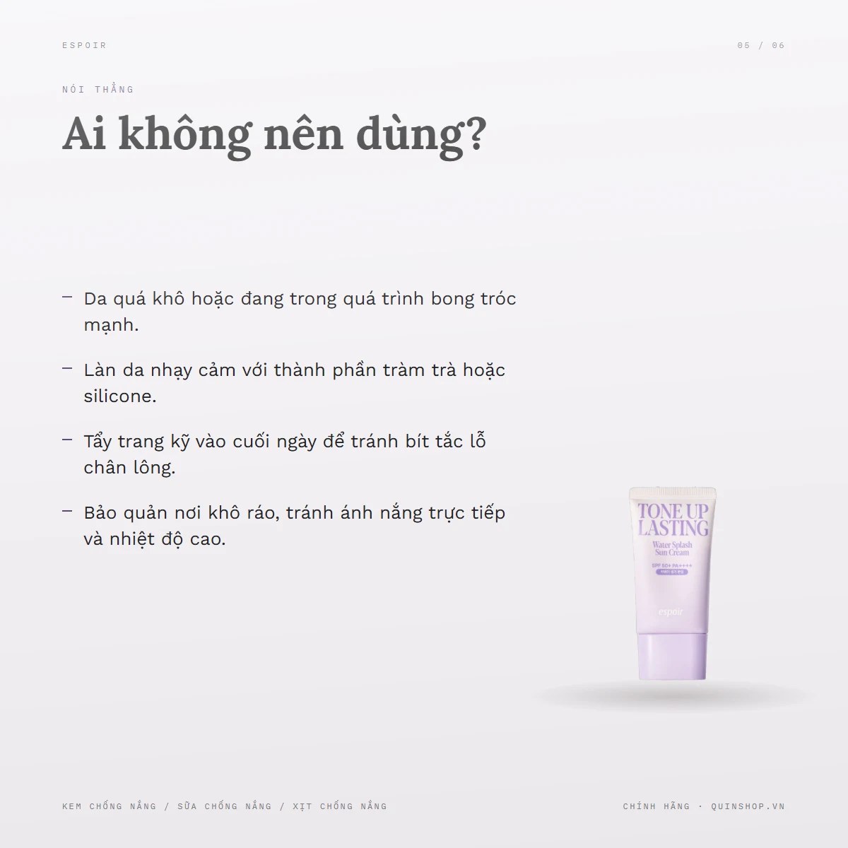 Kem Chống Nắng Espoir Water Splash Sun Cream Tone Up Lasting SPF50+ — Ai không nên dùng?