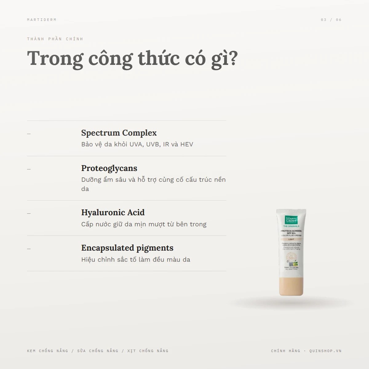 Kem Chống Nắng MartiDerm Proteos Screen SPF 50+ Color Fluid Cream (Light) — Bảng thành phần có gì đáng chú ý?