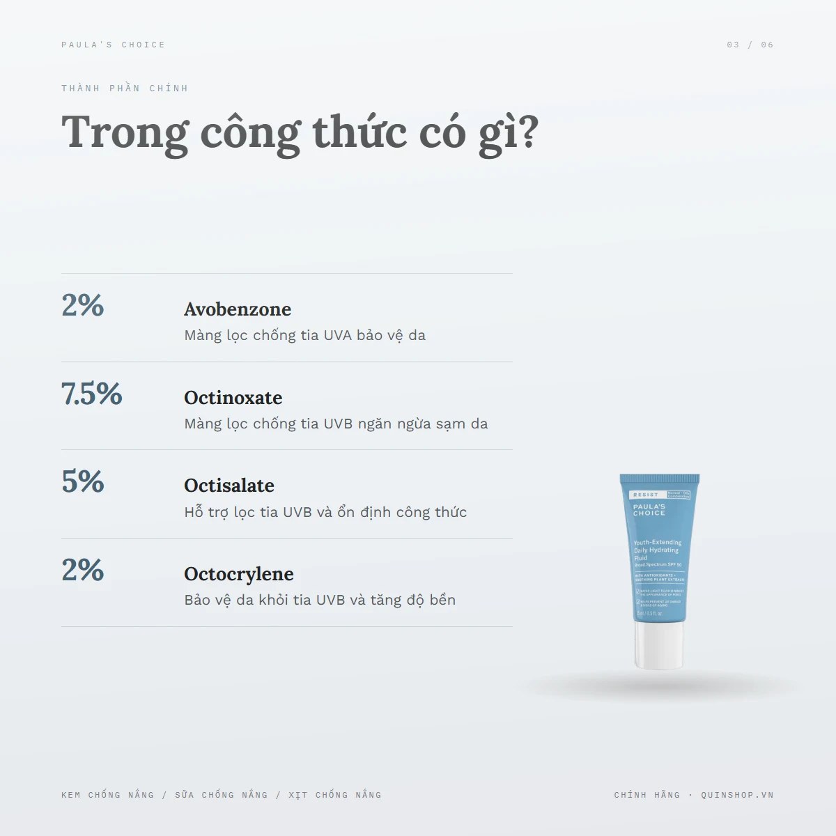 Kem Chống Nắng Paula's Choice Resist Youth - Extending Daily Hydrating Fluid Broad Spectrum SPF 50 — Bảng thành phần có gì đáng chú ý?