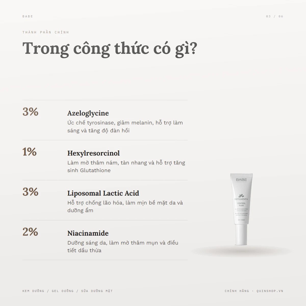 Kem Dưỡng Da Babe Laboratorios Depigment+ Control Fluid — Bảng thành phần có gì đáng chú ý?
