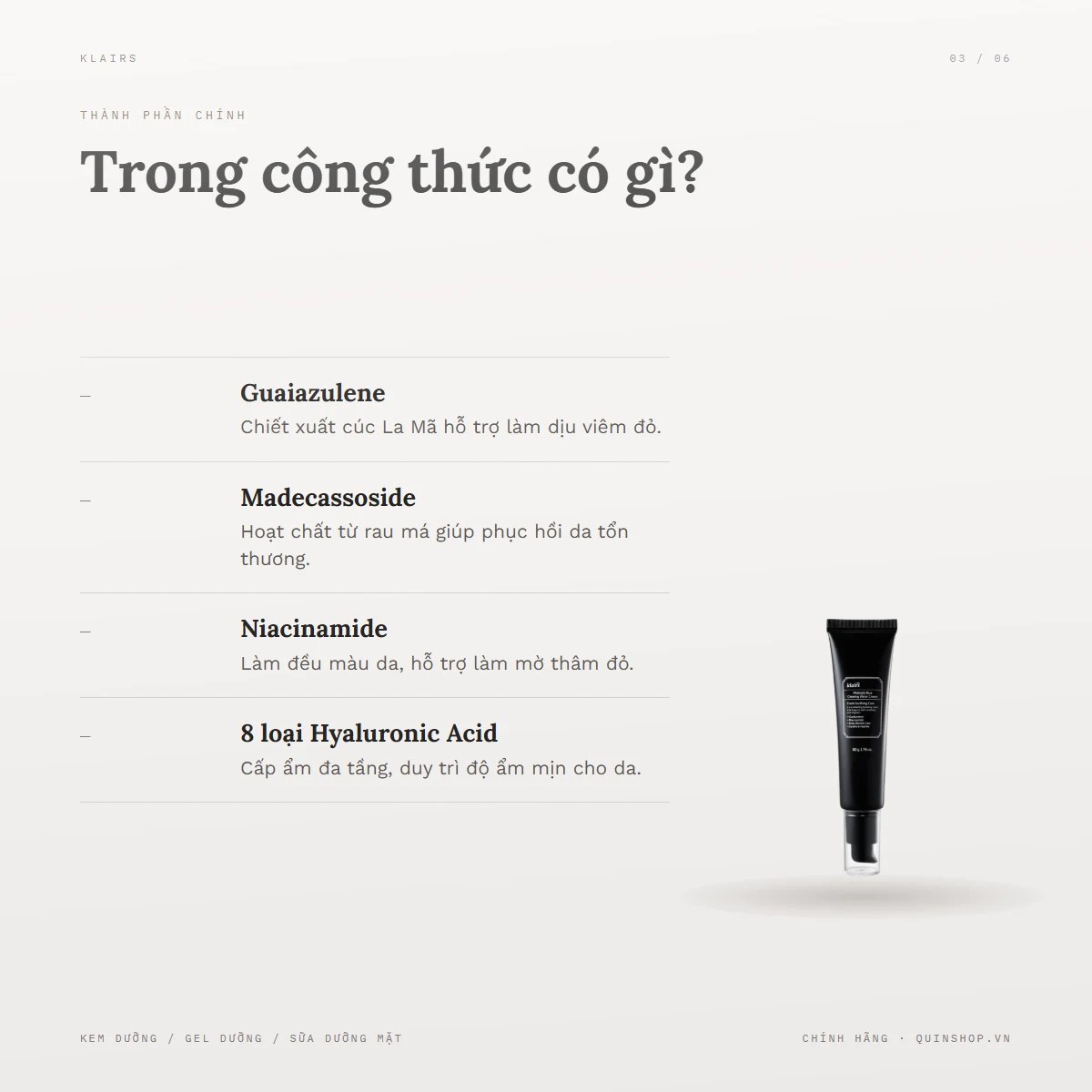Kem Dưỡng Klairs Midnight Blue Clearing Water Cream — Bảng thành phần có những hoạt chất gì đáng chú ý?