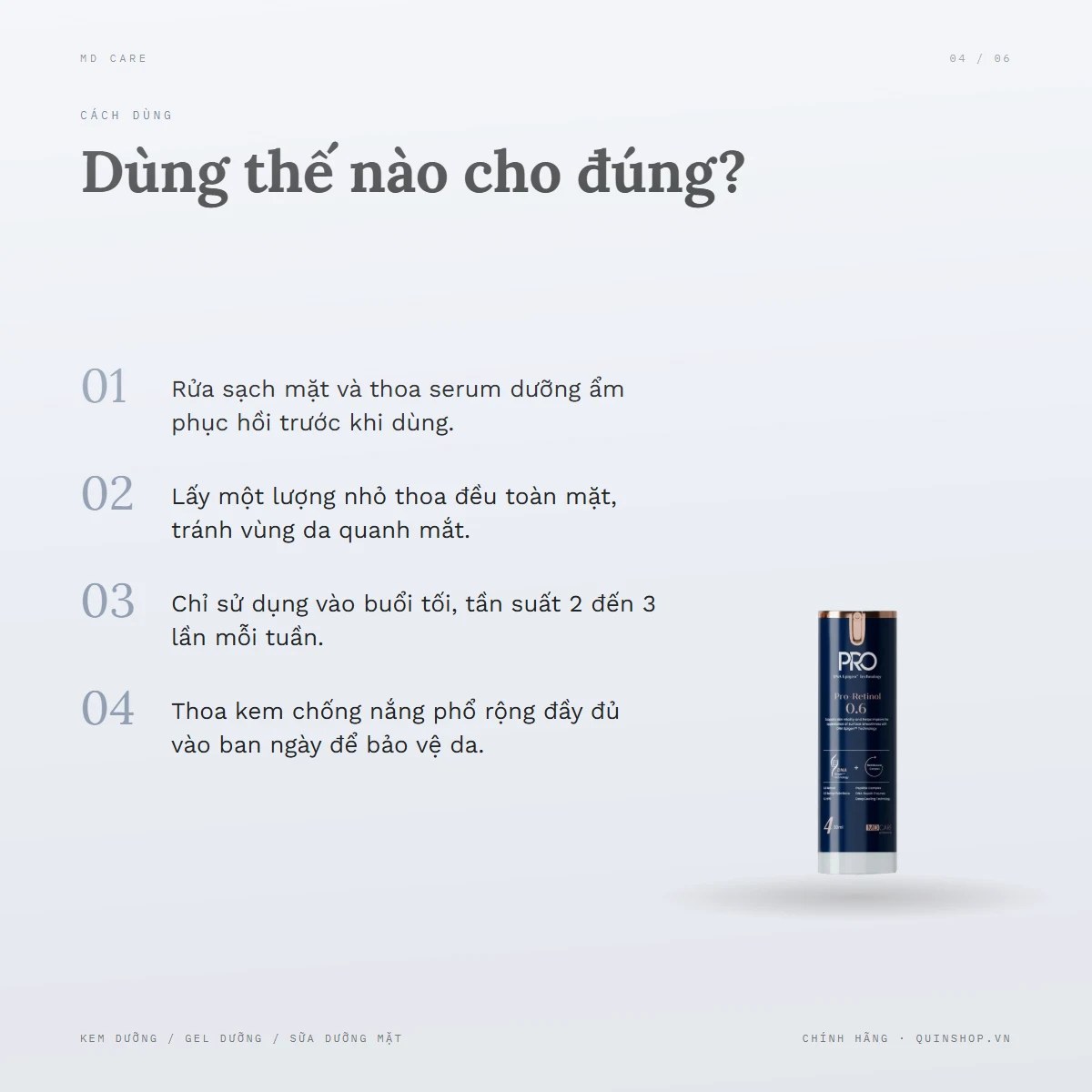 Kem Dưỡng MD Care Pro-Retinol — Dùng vào buổi nào và tần suất ra sao?