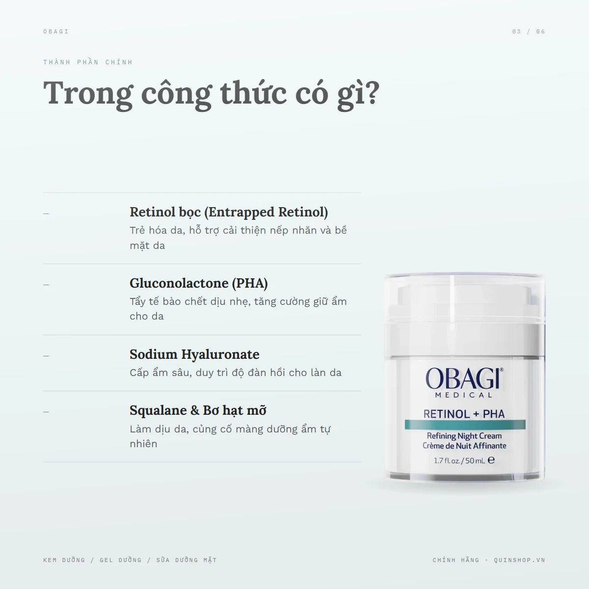 Kem Dưỡng Obagi Medical Retinol + PHA Refining Night Cream — Bảng thành phần có gì đáng chú ý?