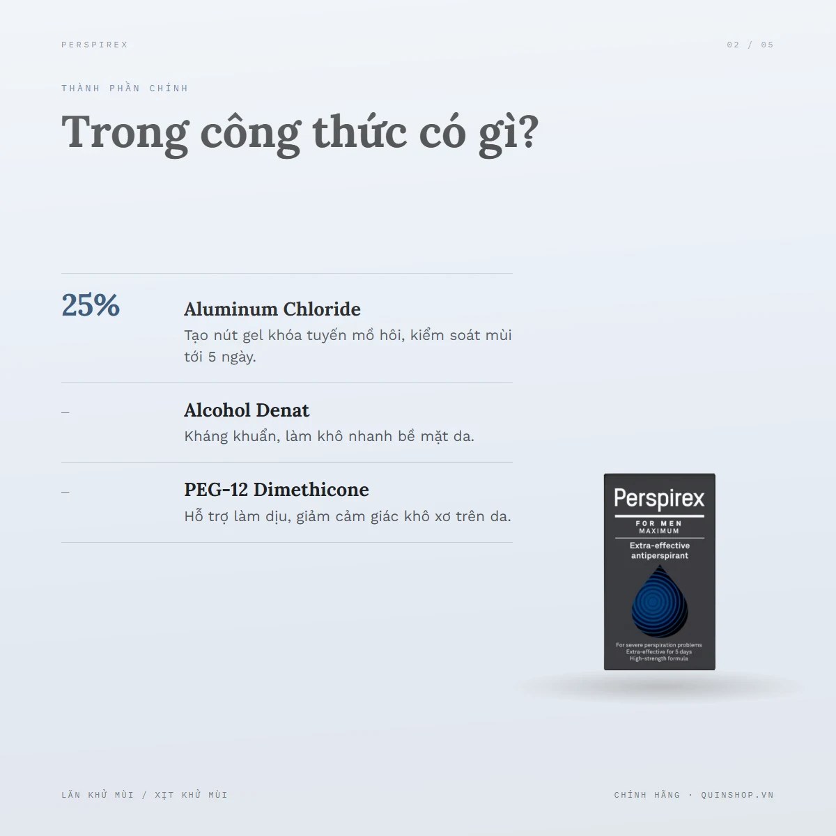 Lăn Khử Mùi Perspirex For Men Maximum (Đen) — Bảng thành phần có những hoạt chất gì?