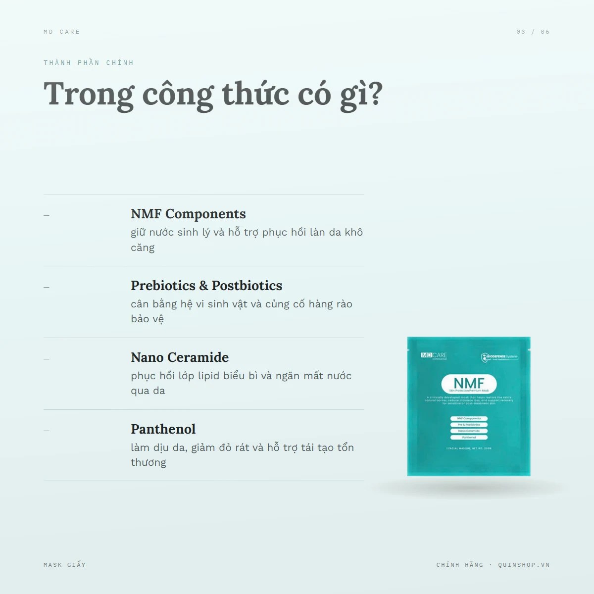 Mặt Nạ MD Care NMF Skin Protection Premium Mask — Bảng thành phần có những hoạt chất phục hồi nào?
