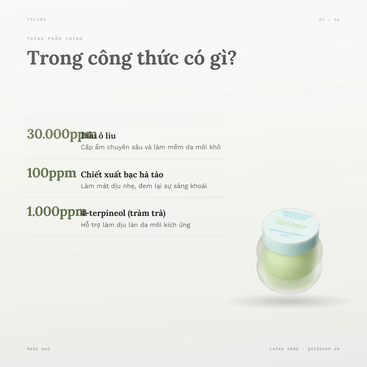 Mặt Nạ Ngủ Môi Tocobo Mint Cooling Lip Mask — Bảng thành phần có những dưỡng chất gì?