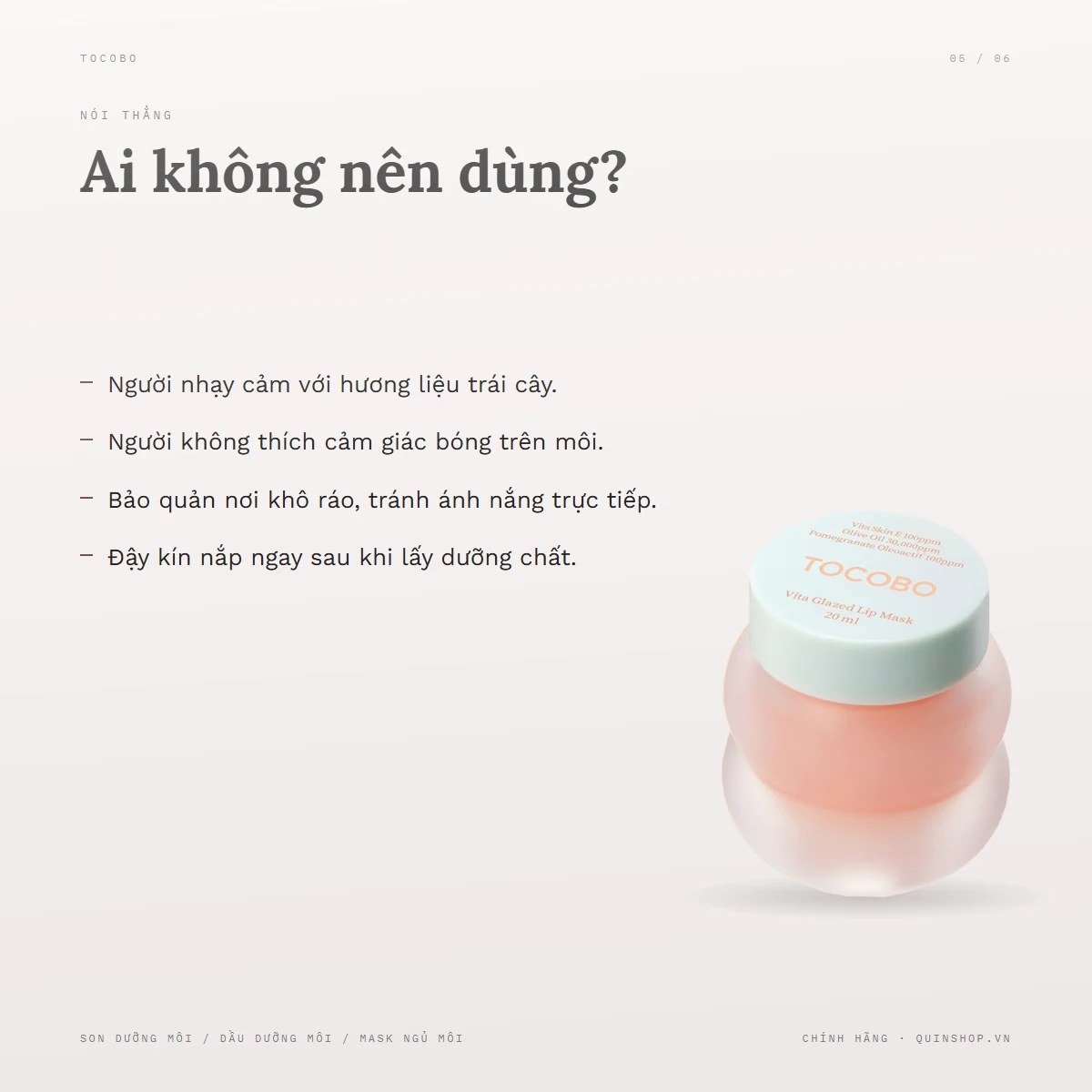 Mặt Nạ Ngủ Môi Tocobo Vita Glazed Lip Mask — Lưu ý khi sử dụng và bảo quản