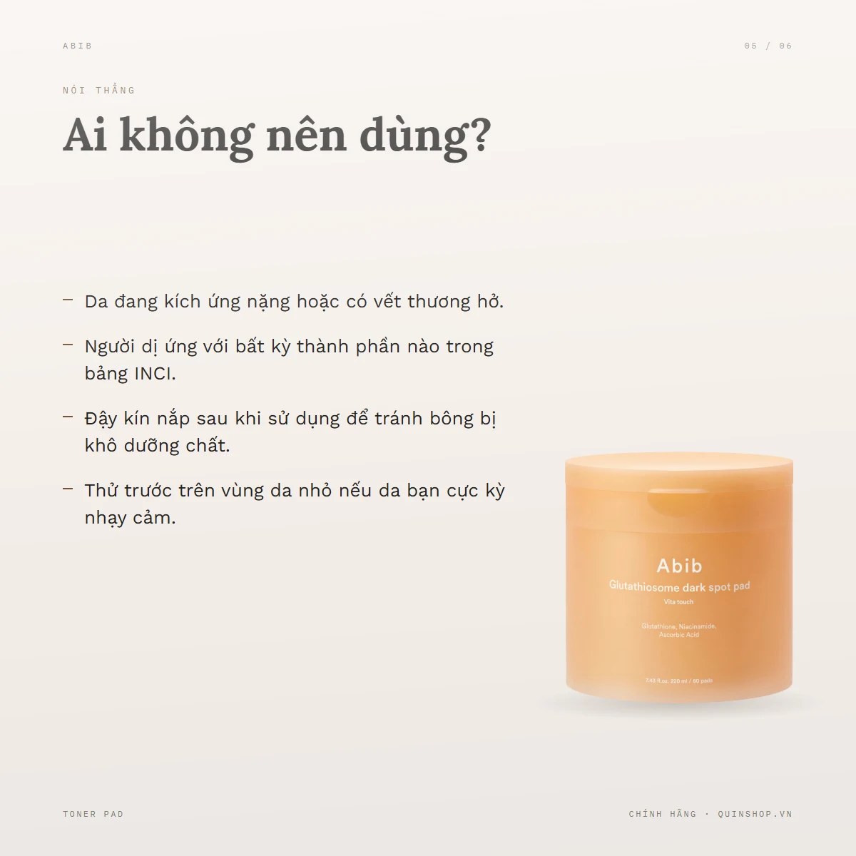 Miếng Bông Dưỡng Abib Glutathiosome Dark Spot Vita Touch Pad — Ai không nên dùng sản phẩm này?