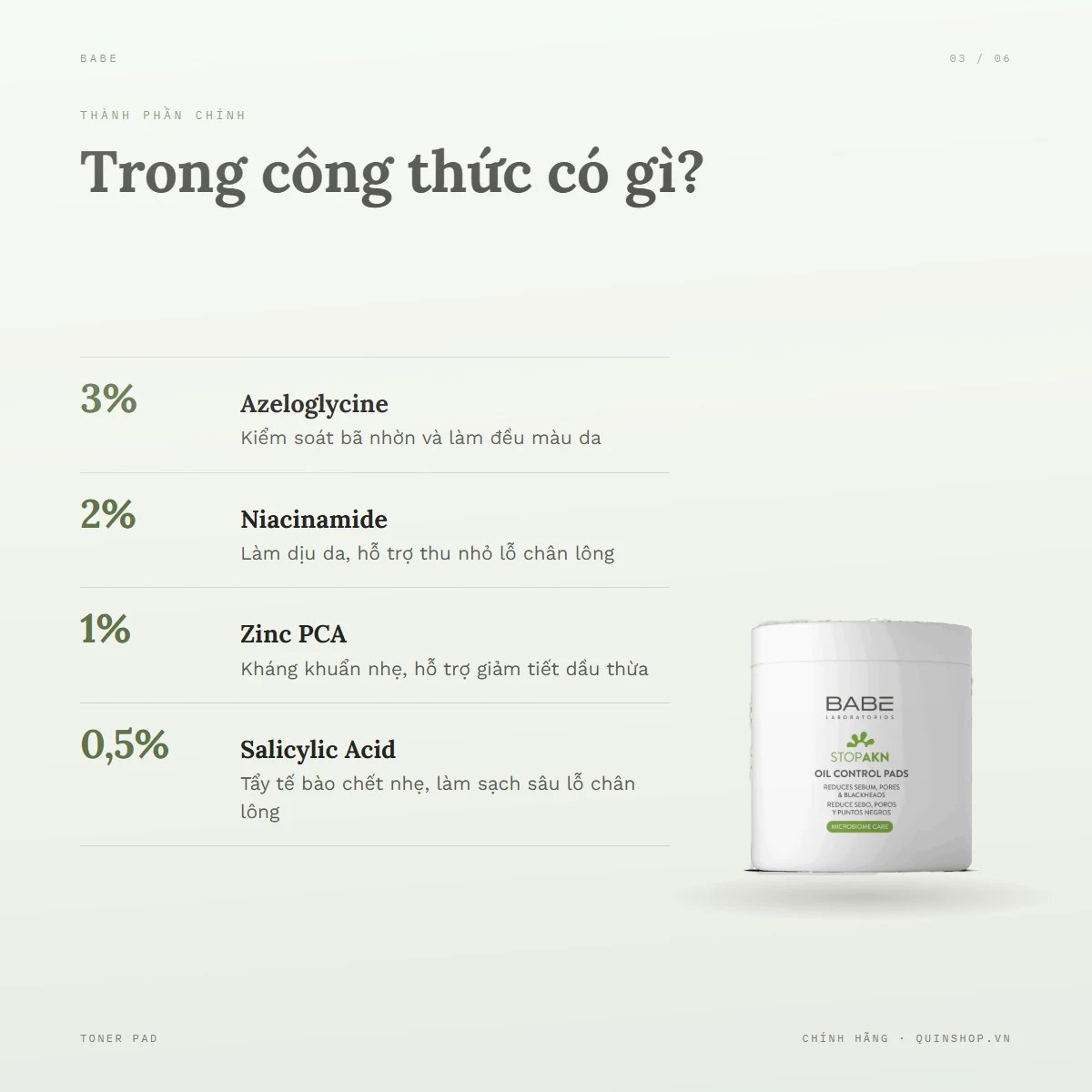 Miếng Bông Dưỡng Laboratorios Babe Stop Akn Oil Control Pads — Bảng thành phần có gì đáng chú ý?