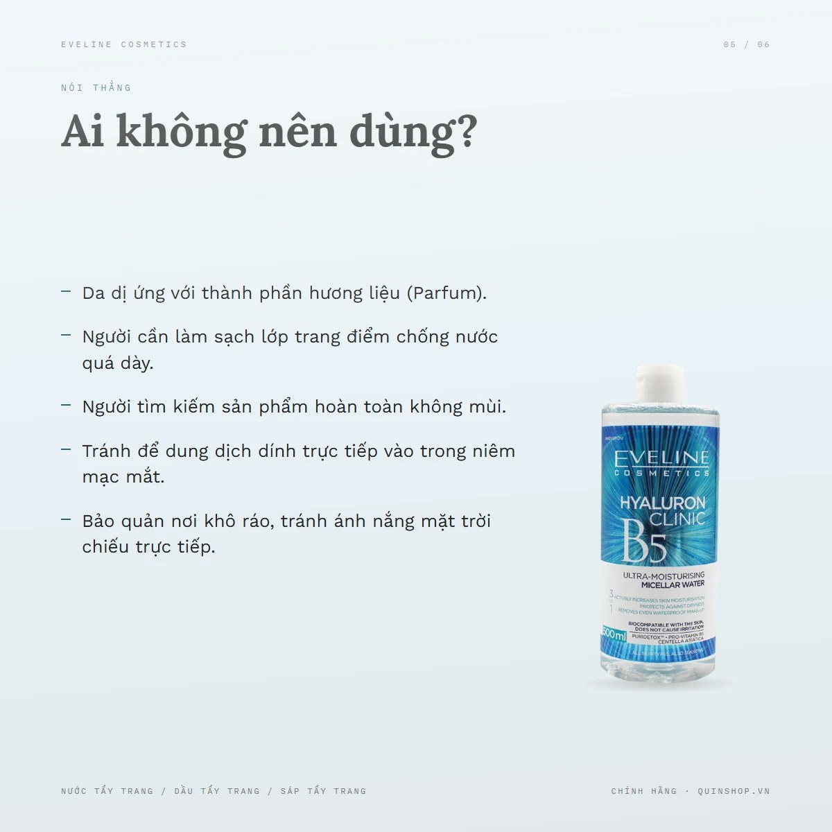 Nước Tẩy Trang Eveline Cosmetics Hyaluron Clinic B5 Ultra-Moisturising Micellar Water — Ai không nên dùng sản phẩm này?