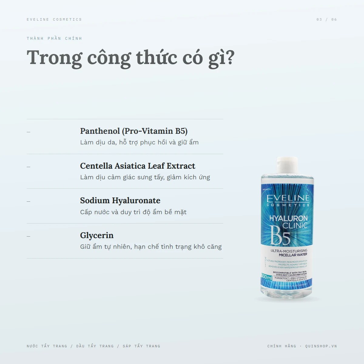 Nước Tẩy Trang Eveline Cosmetics Hyaluron Clinic B5 Ultra-Moisturising Micellar Water — Bảng thành phần có những hoạt chất gì đáng chú ý?