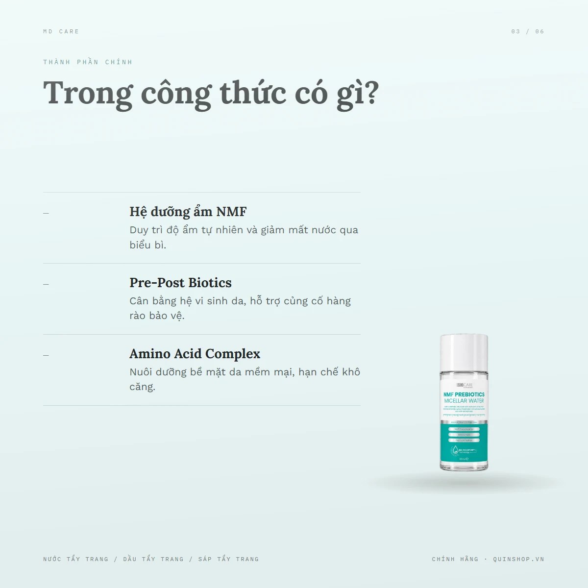 Nước Tẩy Trang MD Care NMF Prebiotics Micellar Water — Điểm đáng chú ý trong công thức