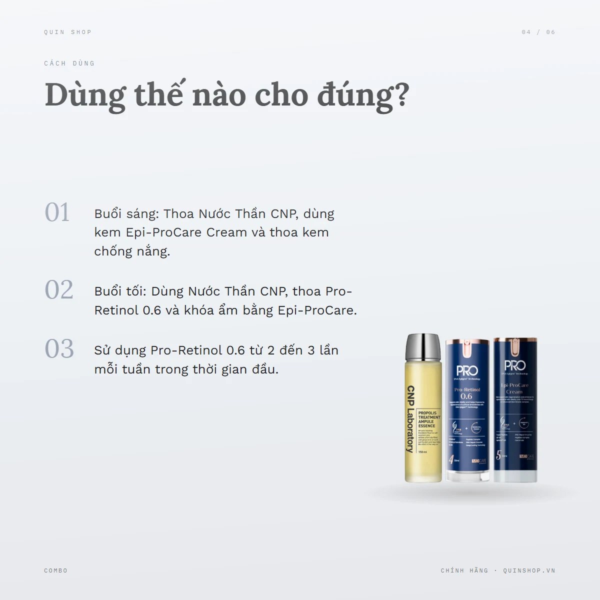 Nước Thần CNP + Combo MD Care Pro-Retinol 0.6 & Epi-ProCare Cream — Dùng vào buổi nào và bao lâu một lần?