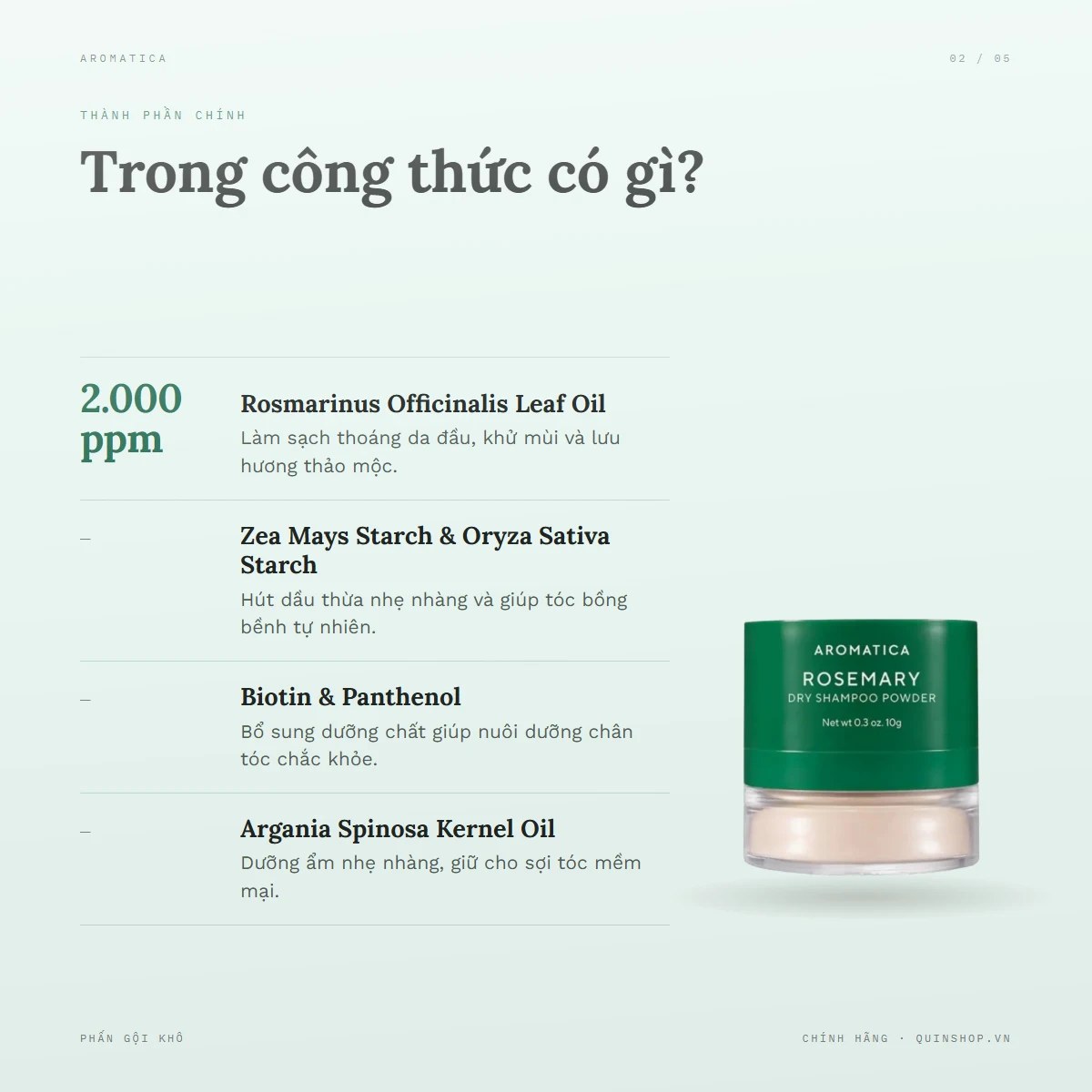 Phấn Gội Khô Aromatica Rosemary Dry Shampoo Powder — Bảng thành phần có gì đáng chú ý?