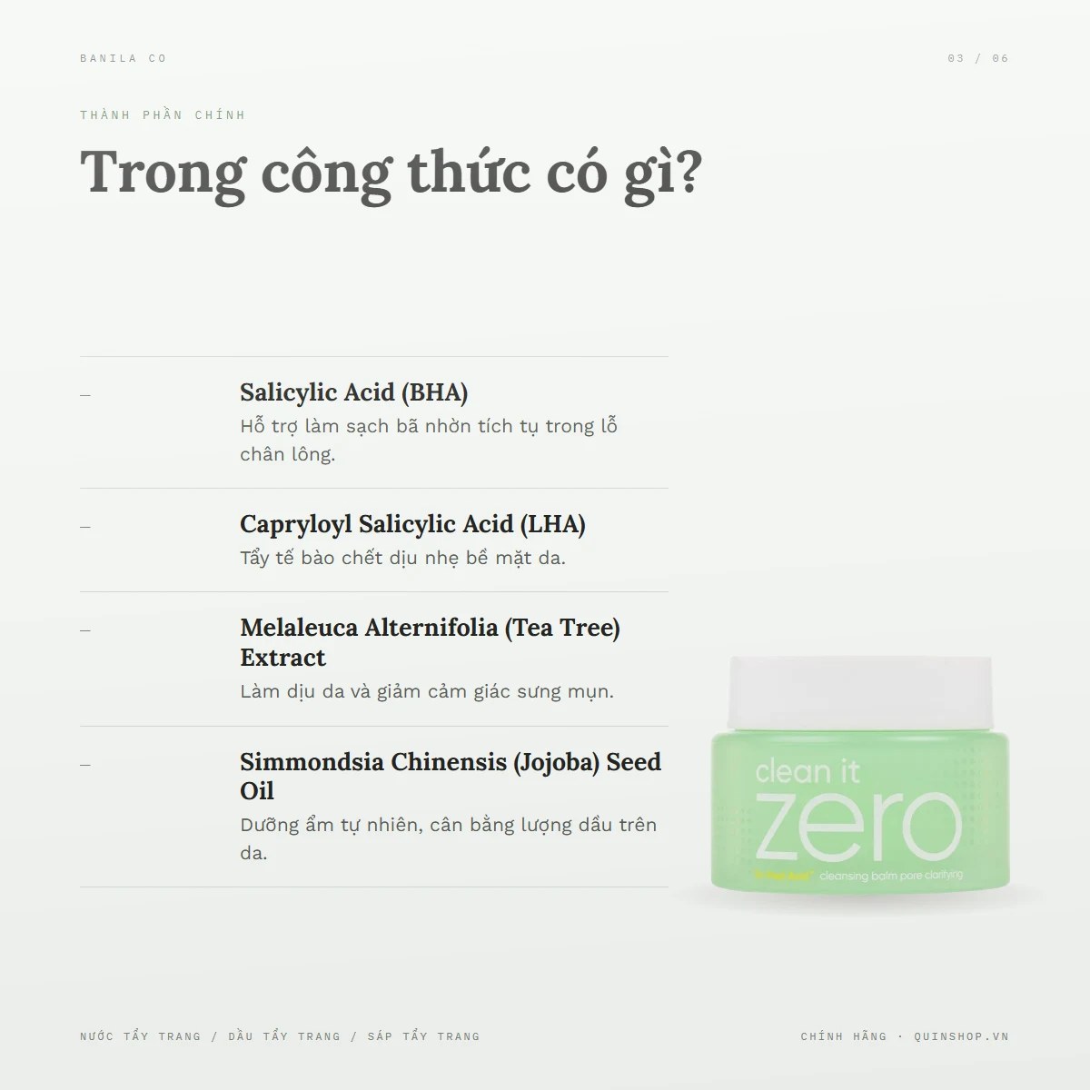 Sáp Tẩy Trang Banila Co Clean it Zero Pore Clarifying Cleansing Balm (Xanh Lá) — Bảng thành phần có gì đáng chú ý?