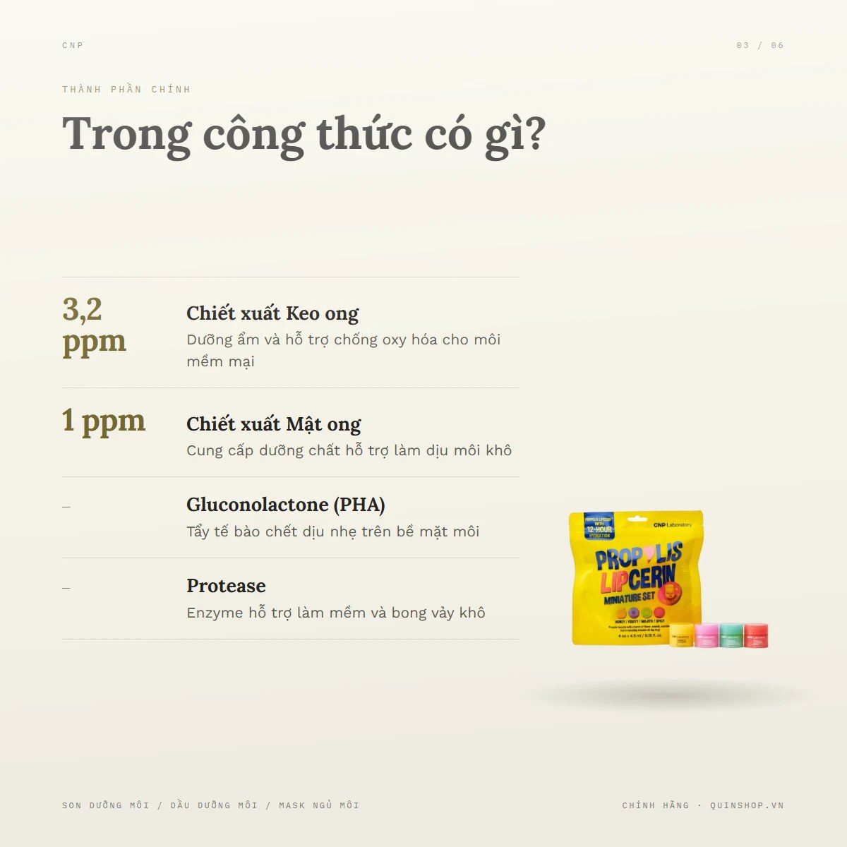 Set Son Dưỡng CNP Propolis Lipcerin Miniature Set — Bảng thành phần cải thiện rãnh môi có gì đặc biệt?