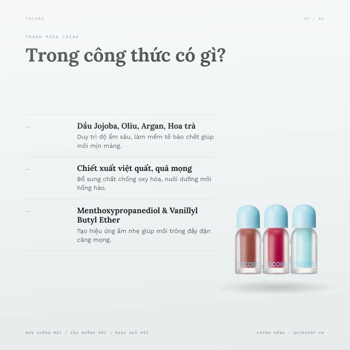 Son Dưỡng Môi Tocobo Juicy Berry Plumping Lip Oil — Bảng thành phần dưỡng ẩm có gì đặc biệt?