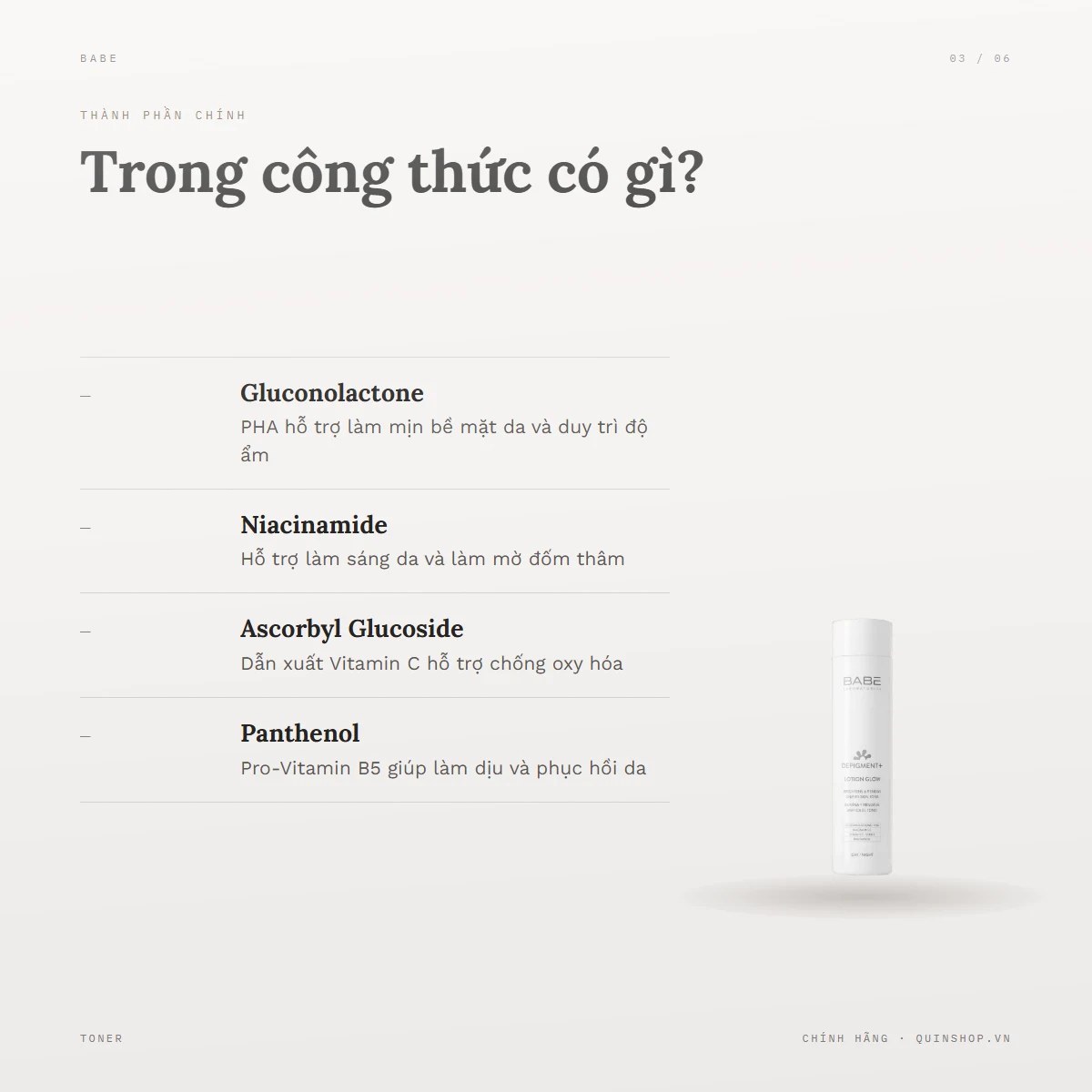Toner Dưỡng Sáng Babe Labortorios Depigment+ Lotion Glow — Bảng thành phần có gì đáng chú ý?