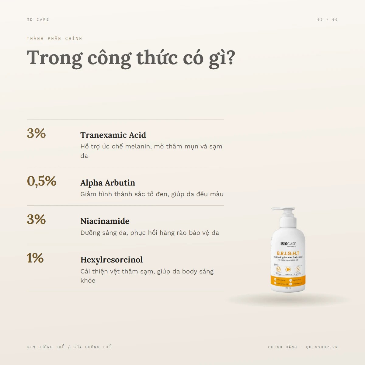 Sữa Dưỡng Thể MD Care Brightening Booster Body Lotion — Bảng thành phần có những hoạt chất sáng da nào?