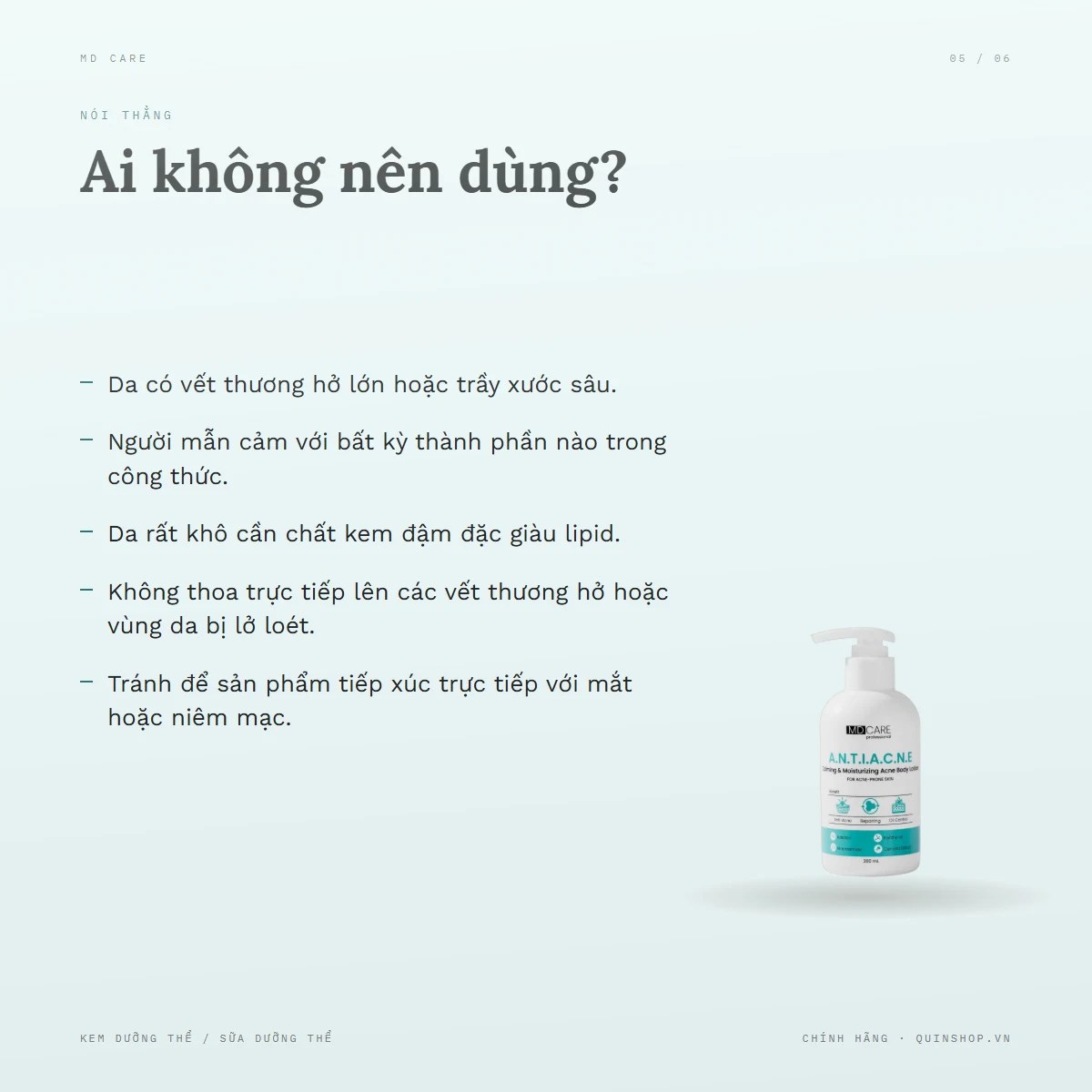 Sữa Dưỡng Thể MD Care Calming & Moisturizing Acne Body Lotion — Ai không nên dùng?