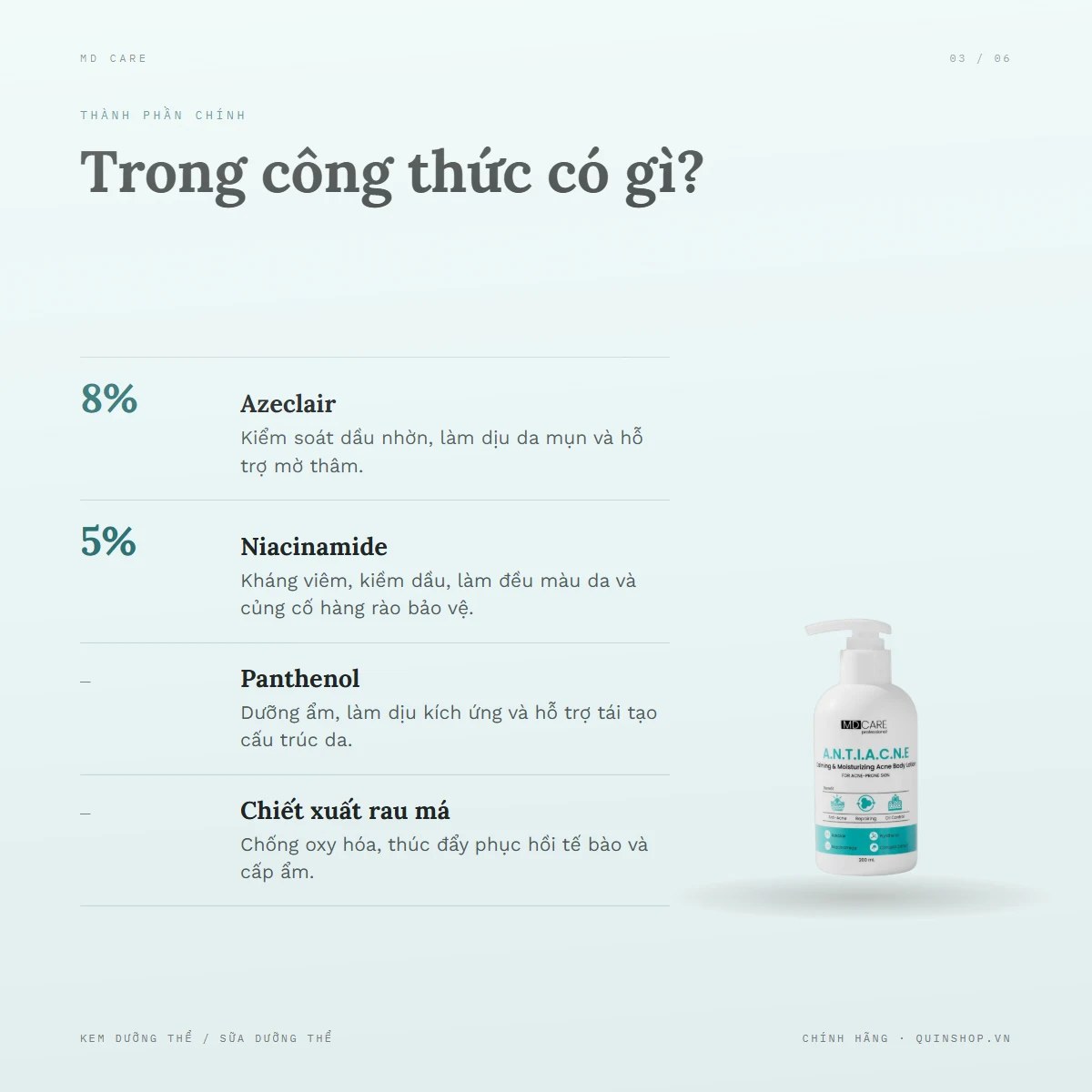 Sữa Dưỡng Thể MD Care Calming & Moisturizing Acne Body Lotion — Bảng thành phần có gì đáng chú ý?