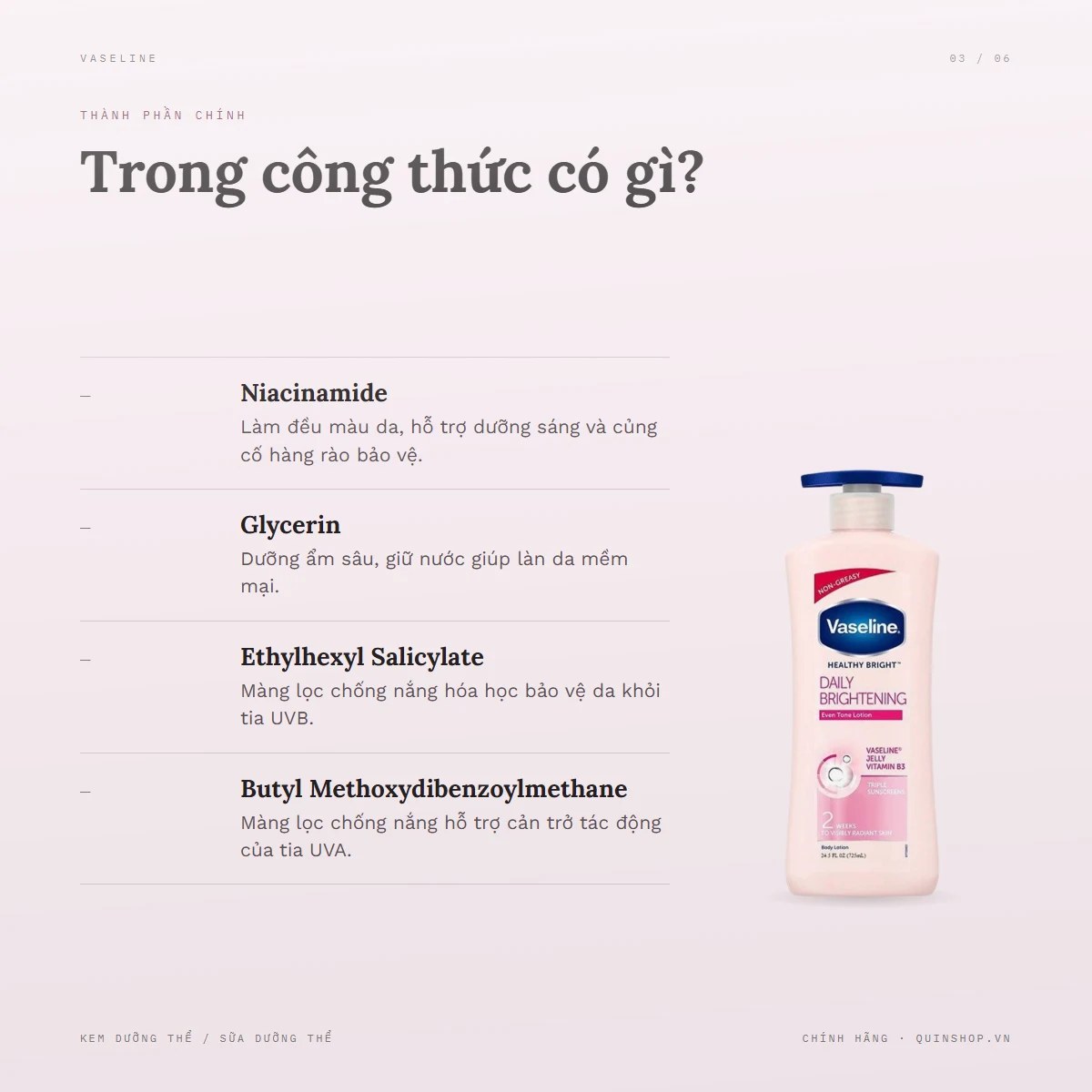 Sữa Chống Nắng Body Vaseline Healthy White Sun + Pollution Protection — Bảng thành phần có gì đáng chú ý?
