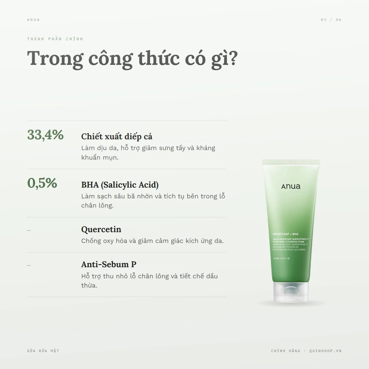 Sữa Rửa Mặt Anua Heartleaf + BHA Quercetinol Pore Deep Cleansing Foam — Bảng thành phần có gì đáng chú ý?