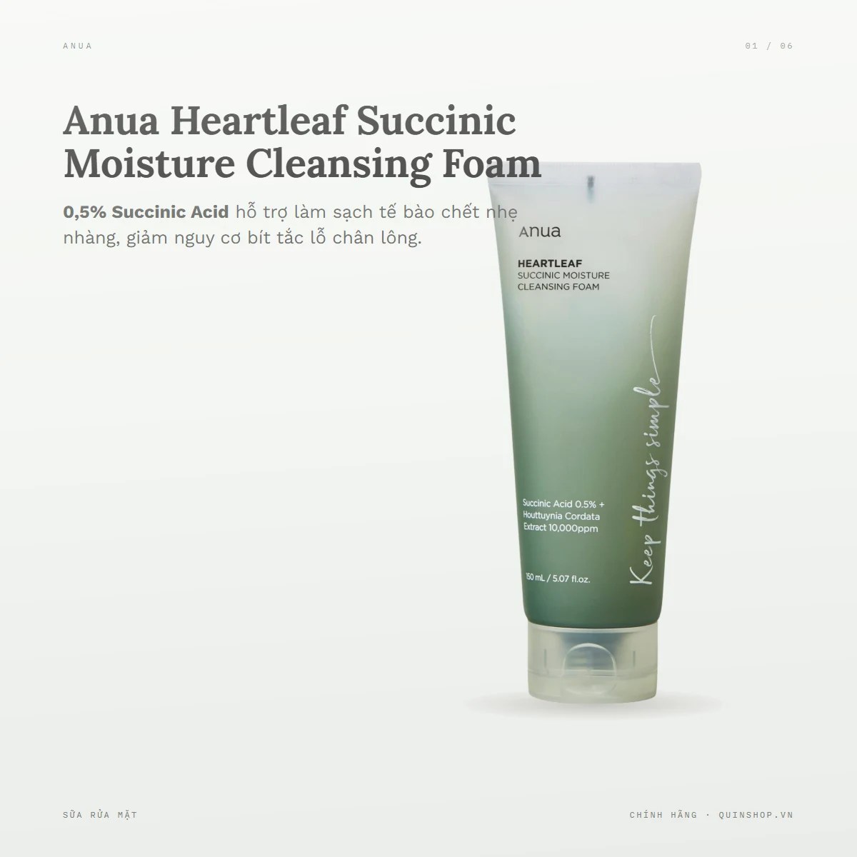 Sữa Rửa Mặt Anua Heartleaf Succinic Moisture Cleansing Foam