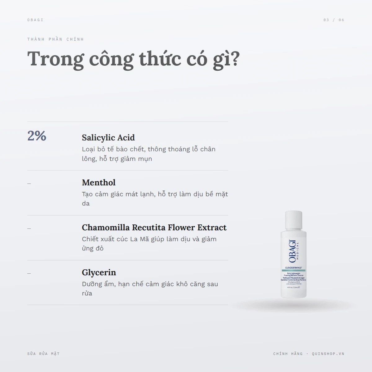 Sữa Rửa Mặt Obagi Medical Clenziderm M.D. Daily Lightweight Foaming Blemish Cleanser — Bảng thành phần có gì đáng chú ý?