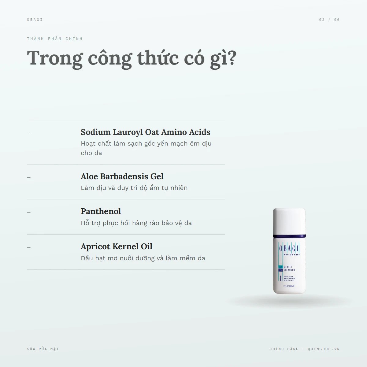 Sữa Rửa Mặt Obagi Medical Gentle Cleanser — Thành phần chính của sữa rửa mặt Obagi có gì nổi bật?