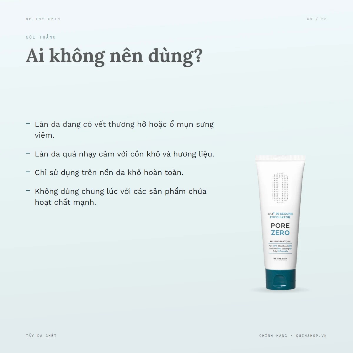 Tẩy Da Chết Be The Skin BHA+ Pore Zero 30 Second Exfoliator — Ai không nên dùng?